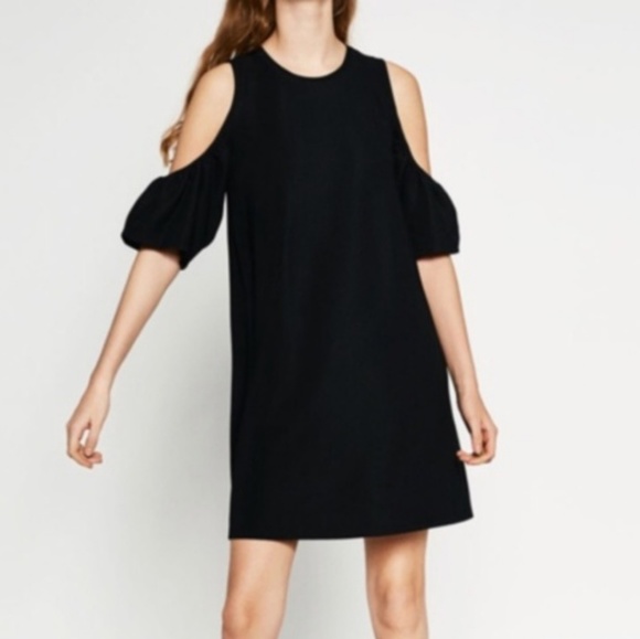 black cold shoulder shift dress